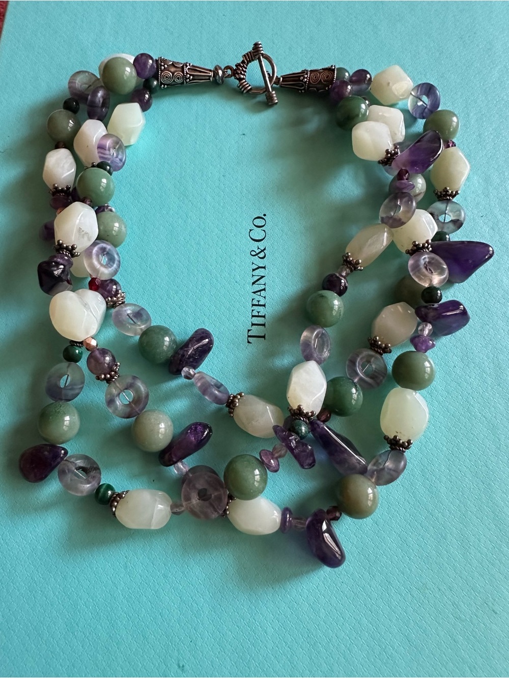 Vintage Triple Strand Jade Amethyst Quartz Malachite Bead Necklace